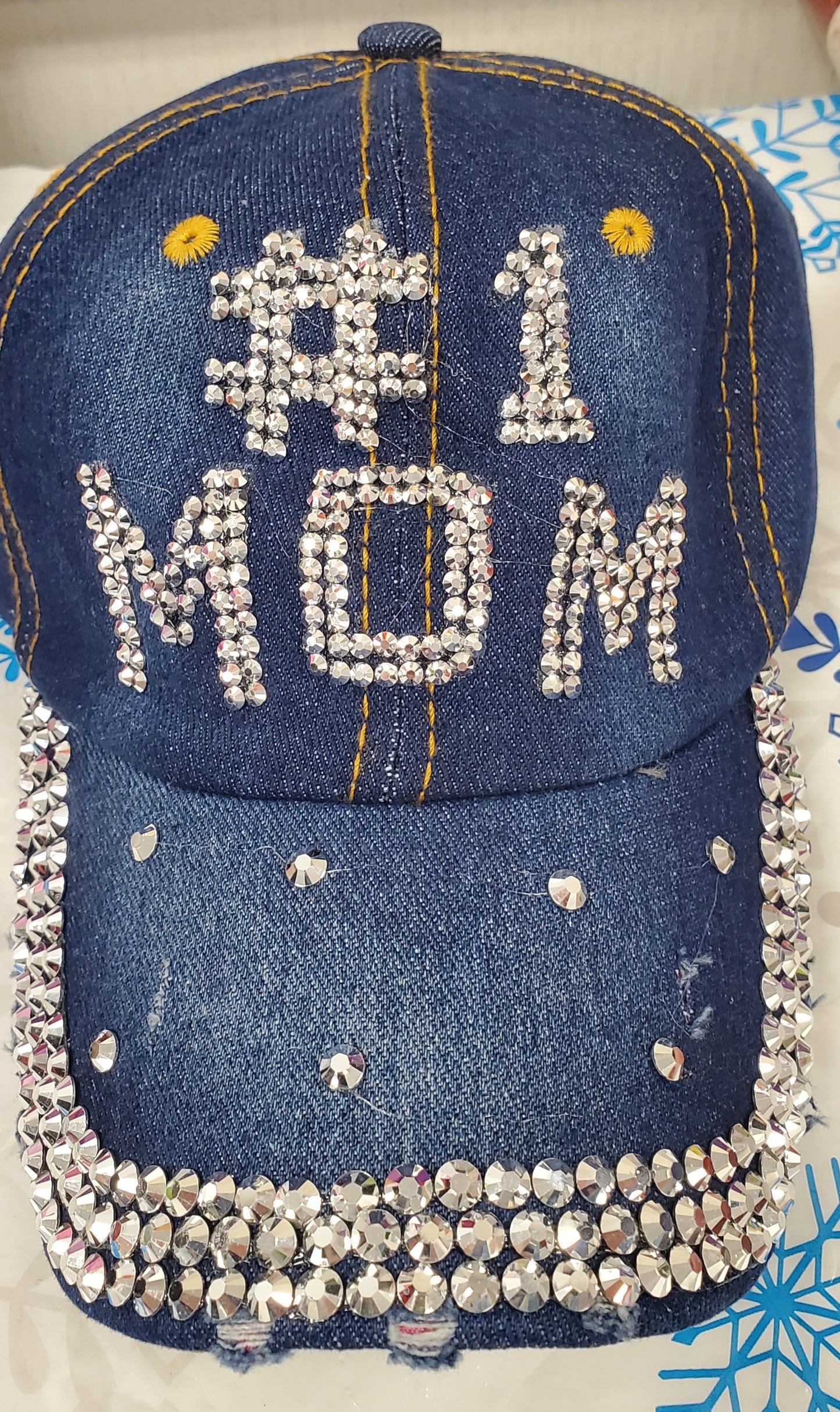 SSHS-1407. #1 Mom hat - bling tattered denim - jewels - sparkle