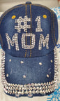 SSHS-1407.  #1 Mom hat - bling tattered denim - jewels - sparkle