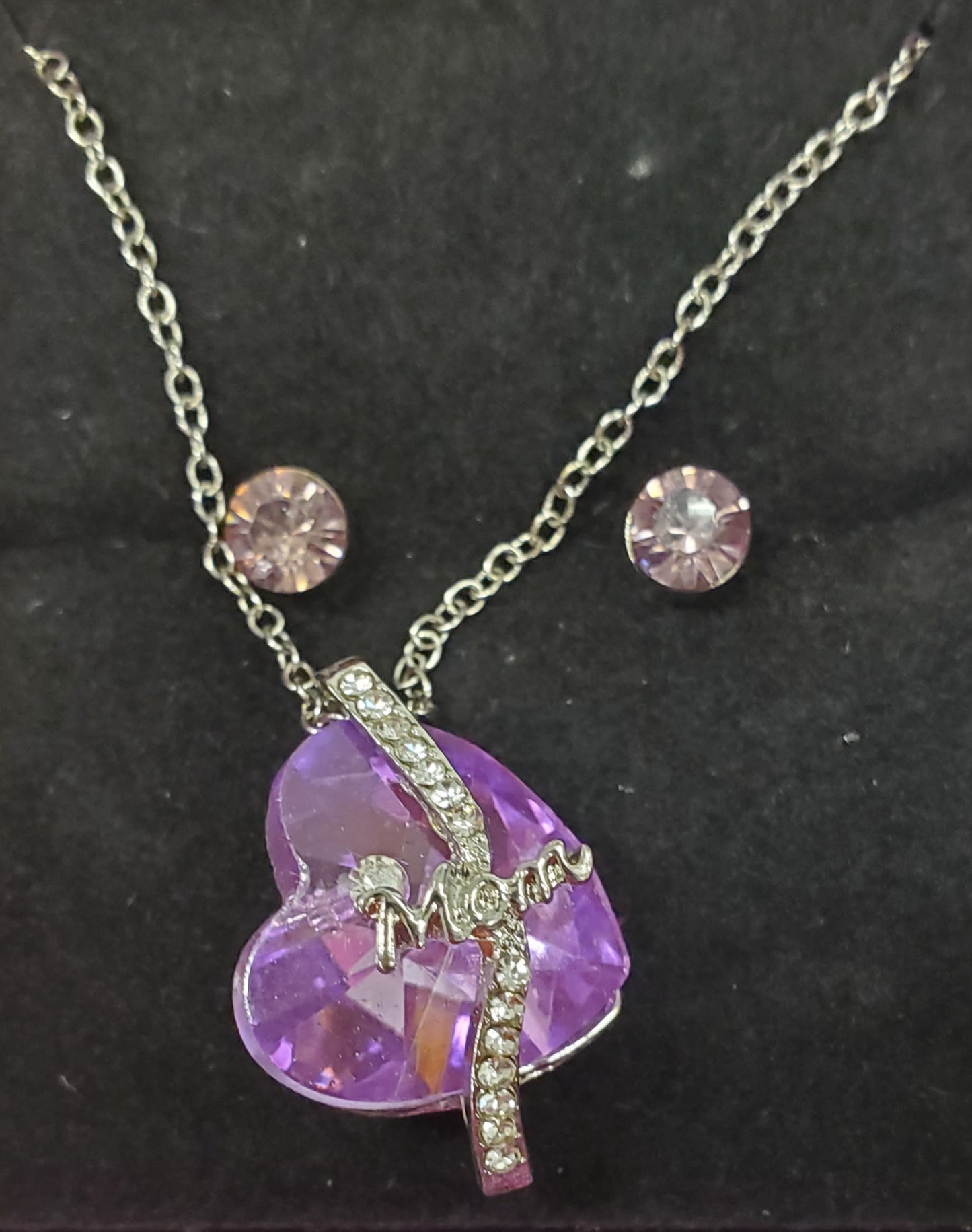 SSHS-1207.  Mom pink heart stone necklace & earring jewelry set